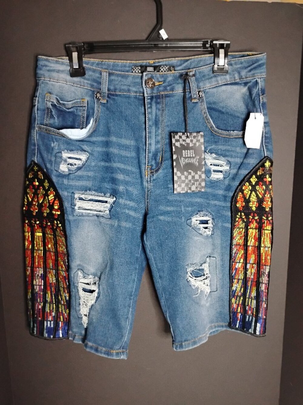 Rebel Vengeance Men's Distressed Ripped Embroidered Jean Denim Shorts Size 32